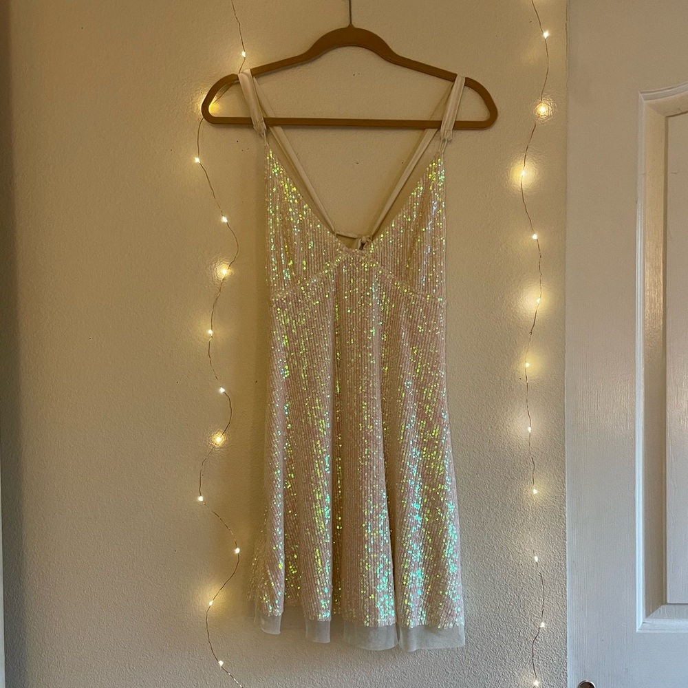 Free People Gold Rush Mini Slip Sequin Dress Icicle Pearl Small